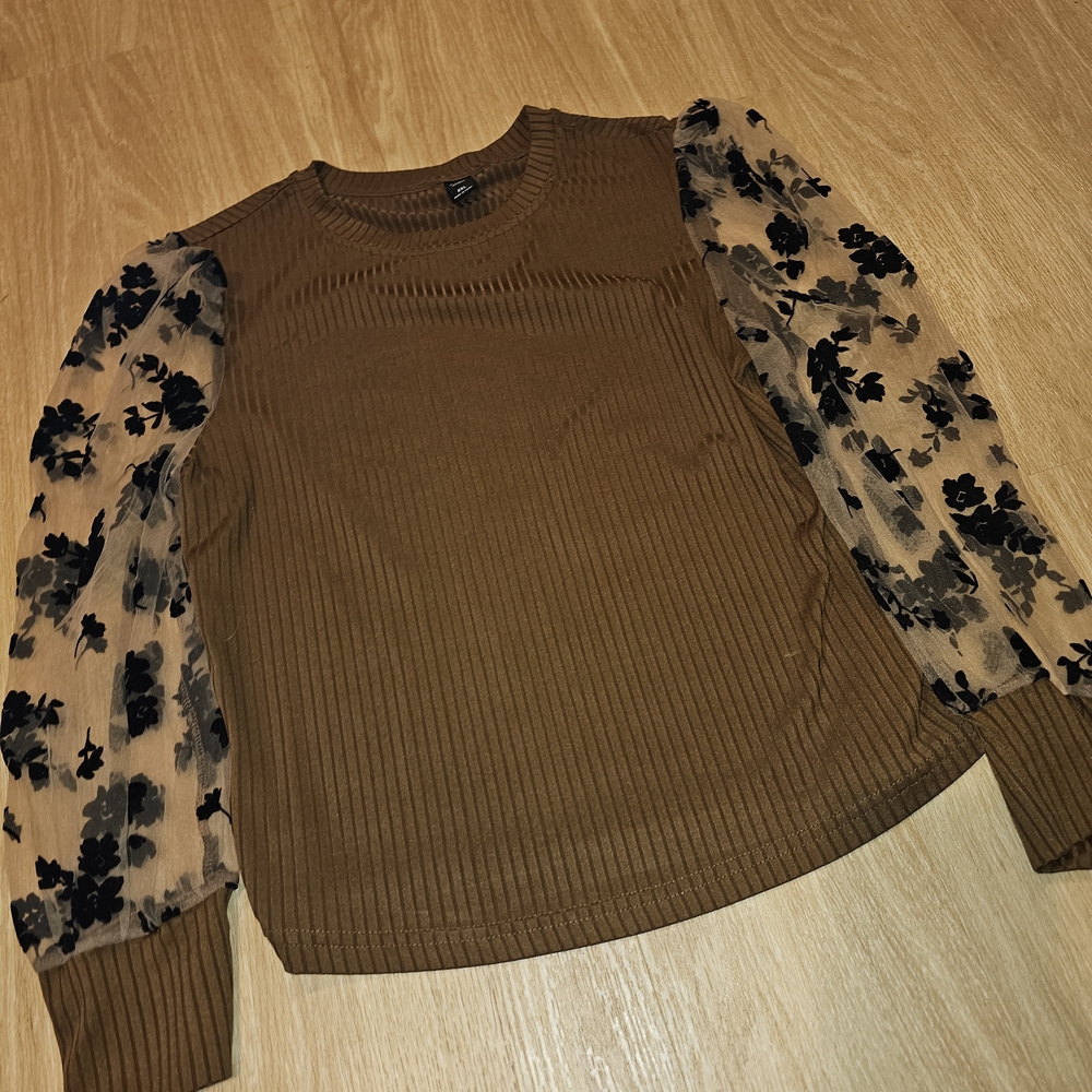 SHEIN Brown Blouse with Sheer Black Floral Sleeves